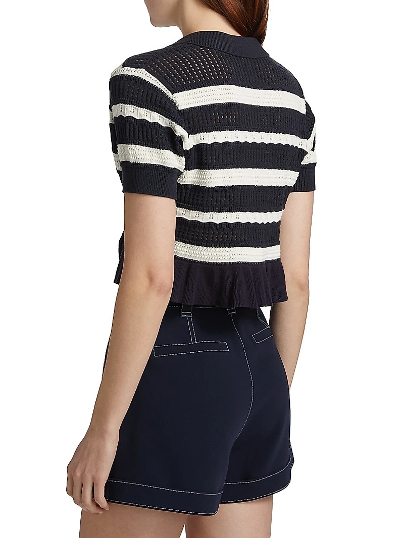 Elvire Striped Knit Short-Sleeve Polo Sweater