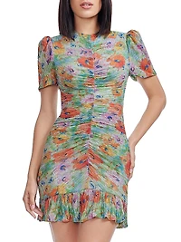 Chandler Ruched Floral Metallic Bodycon Minidress