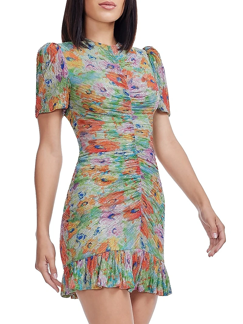 Chandler Ruched Floral Metallic Bodycon Minidress
