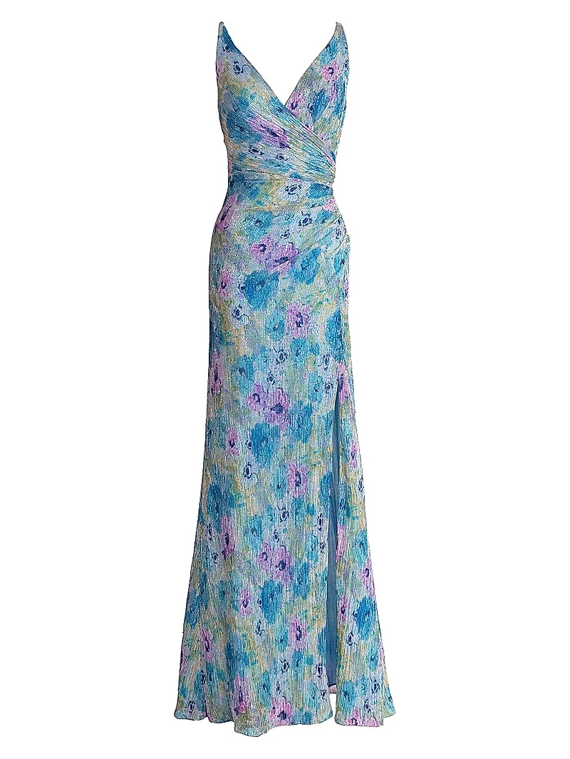 Jordan Floral Metallic Sleeveless Surplice Gown