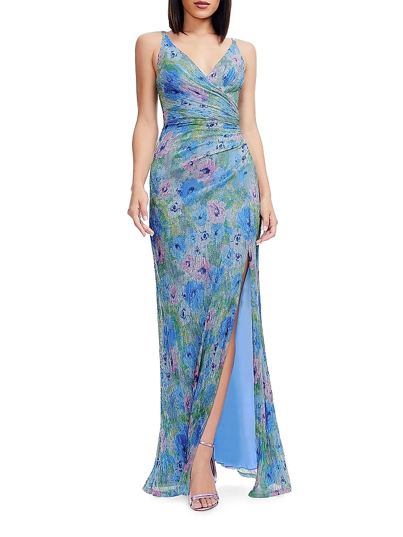 Jordan Floral Metallic Sleeveless Surplice Gown