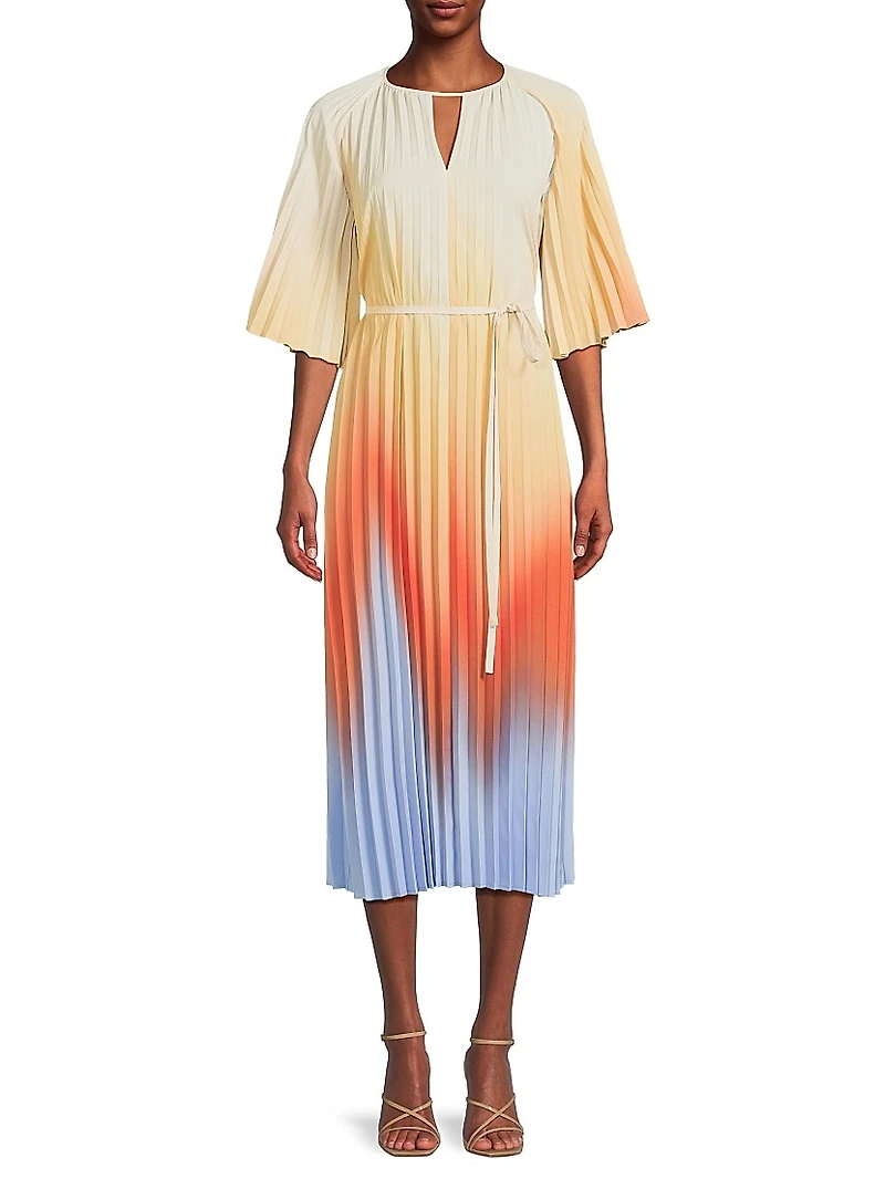 Accordion-Pleated Ombré Crêpe de Chine Midi-Dress