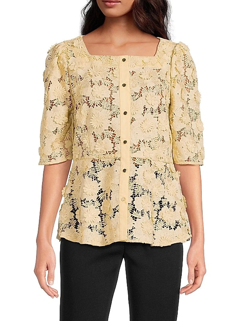 Lace Squareneck Button-Front Blouse