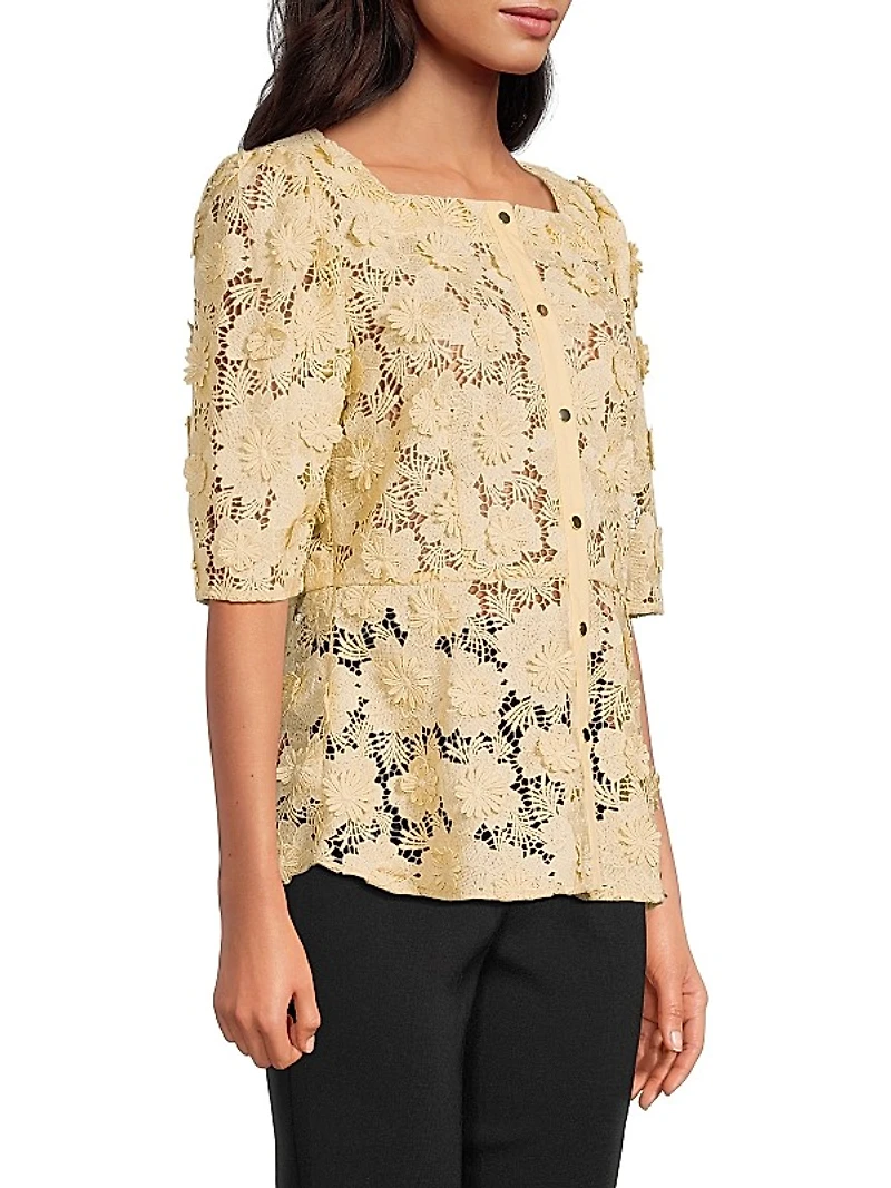 Lace Squareneck Button-Front Blouse