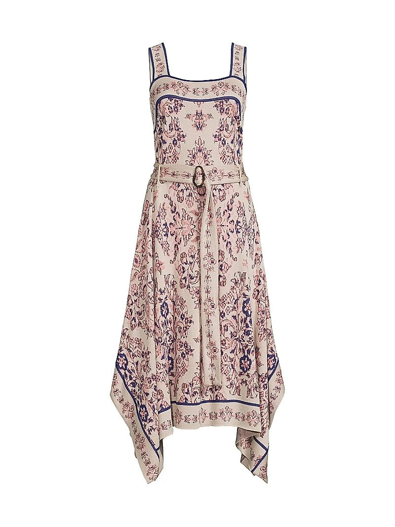 Printed Belted Handkerchief-Hem Midi-Dress