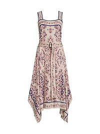 Printed Belted Handkerchief-Hem Midi-Dress