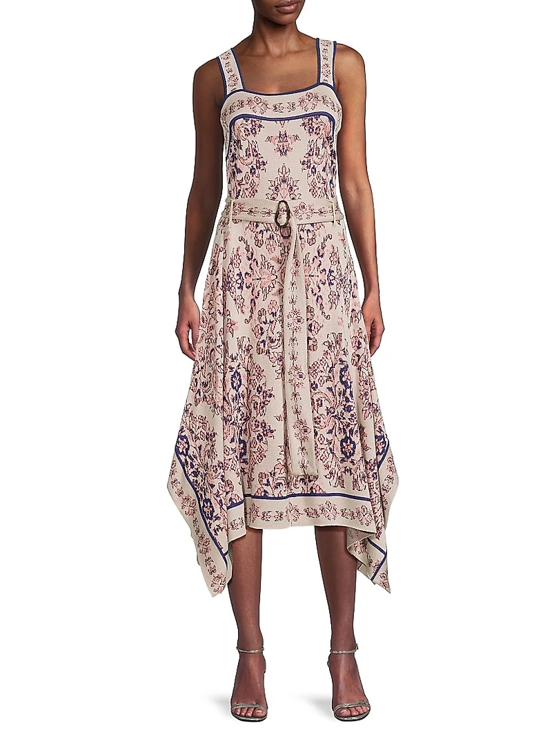 Printed Belted Handkerchief-Hem Midi-Dress