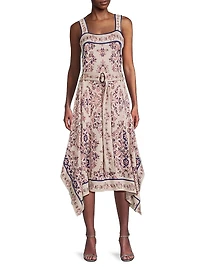 Printed Belted Handkerchief-Hem Midi-Dress