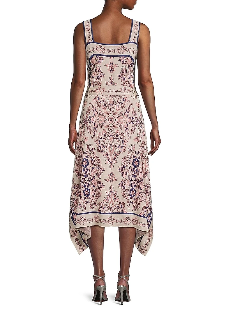 Printed Belted Handkerchief-Hem Midi-Dress