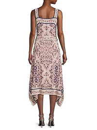 Printed Belted Handkerchief-Hem Midi-Dress
