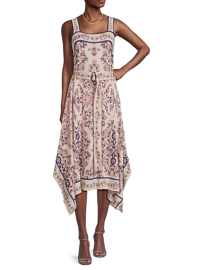 Printed Belted Handkerchief-Hem Midi-Dress