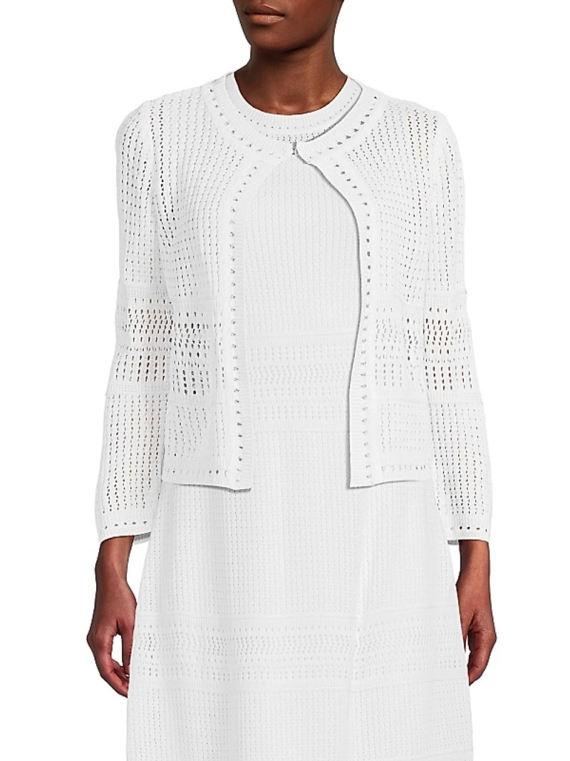 Pointelle-Knit Long-Sleeve Jacket