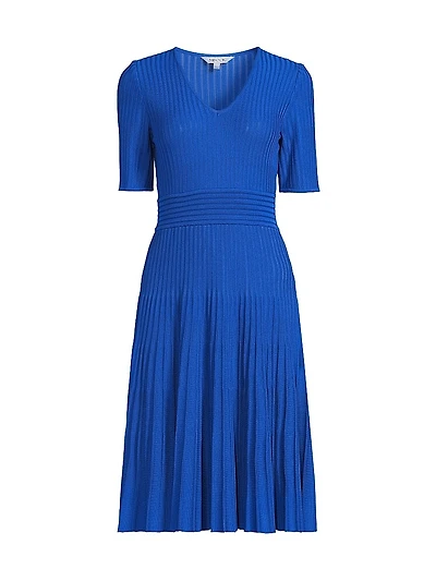 Pleated Rib-Knit Knee-Length Dress