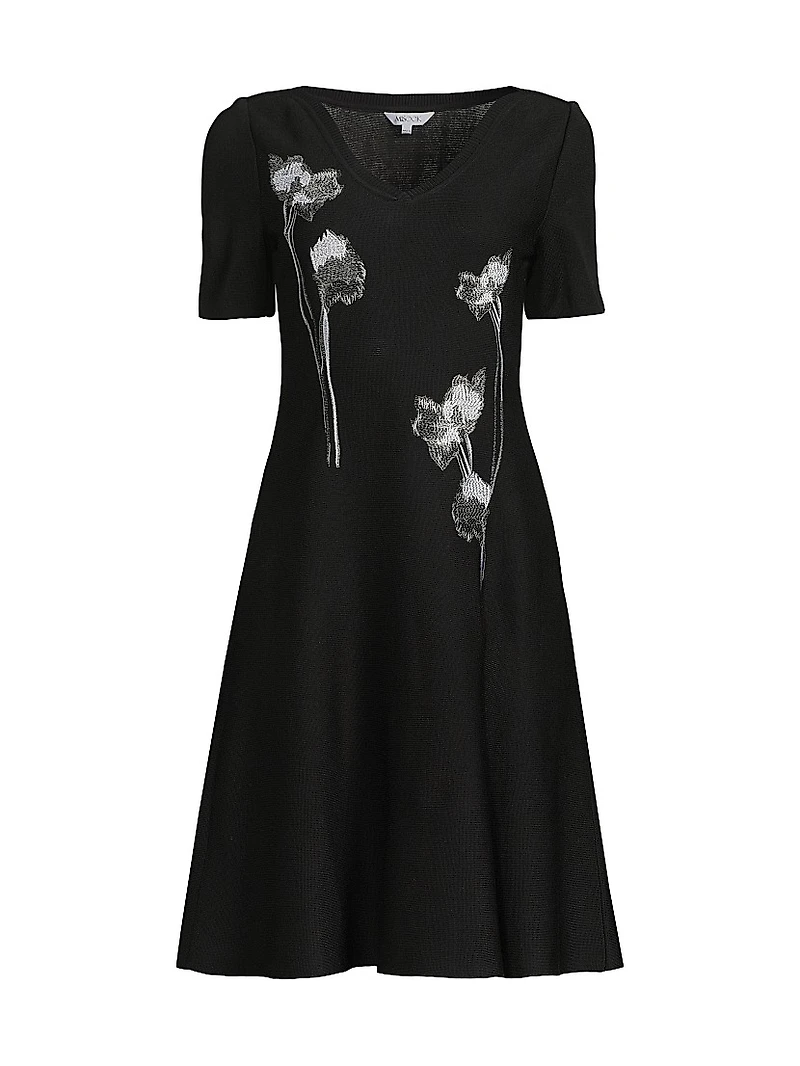 Floral-Embroidered Knee-Length Dress