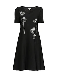 Floral-Embroidered Knee-Length Dress