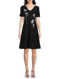 Floral-Embroidered Knee-Length Dress
