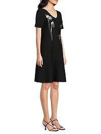 Floral-Embroidered Knee-Length Dress