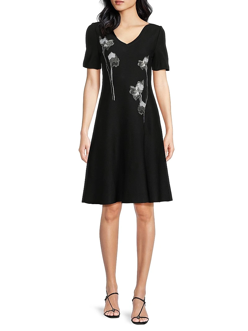 Floral-Embroidered Knee-Length Dress