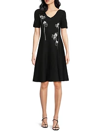 Floral-Embroidered Knee-Length Dress