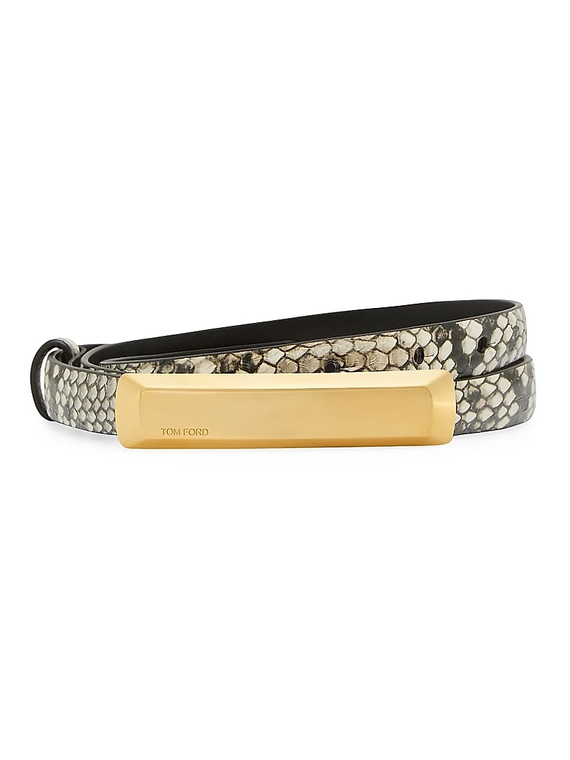 Bar Python-Embossed Leather Belt