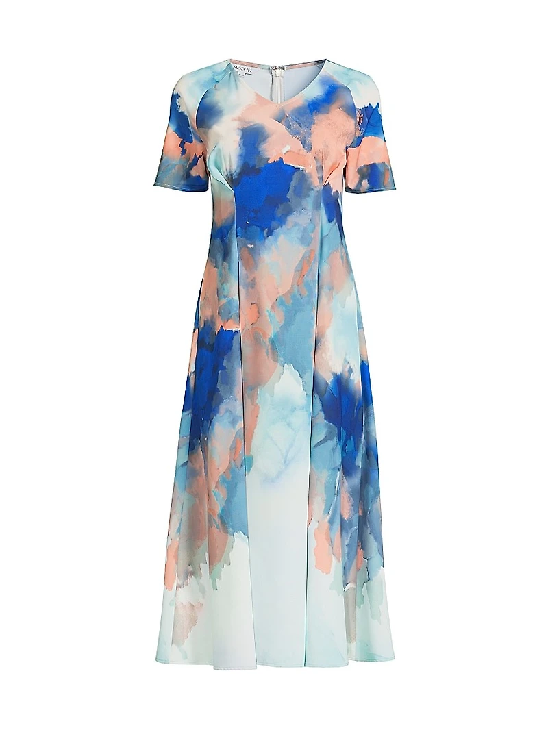 Modern Fit Watercolor-Print Midi-Dress