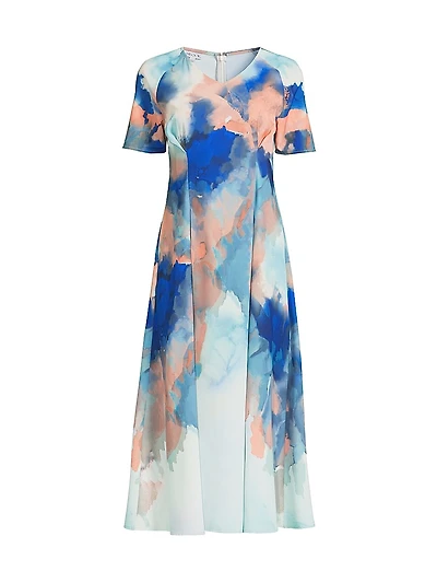 Modern Fit Watercolor-Print Midi-Dress