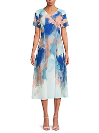 Modern Fit Watercolor-Print Midi-Dress