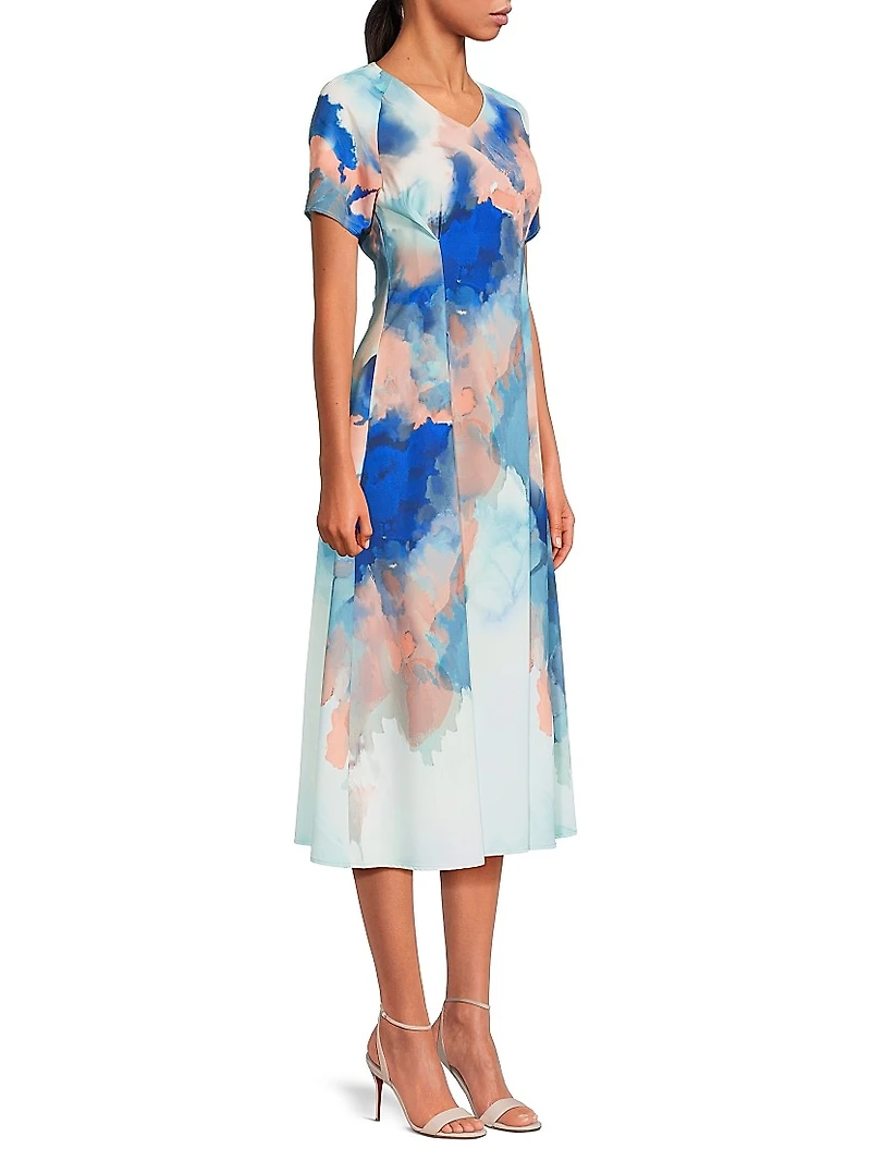 Modern Fit Watercolor-Print Midi-Dress