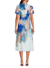 Modern Fit Watercolor-Print Midi-Dress