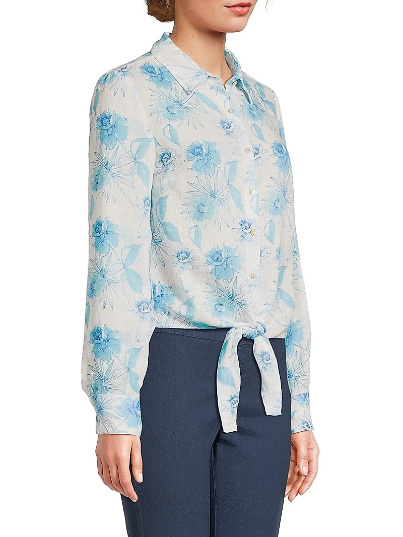 Floral Linen Tie-Front Shirt