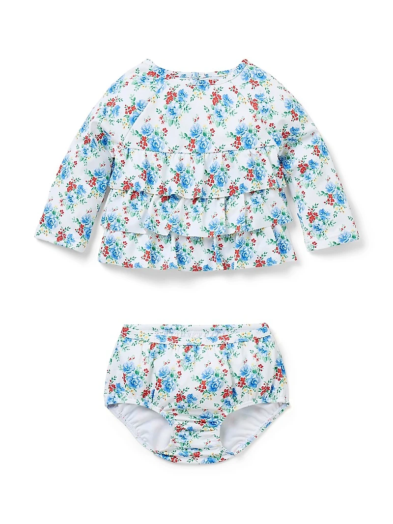 Baby Girl's Floral Ruffle Rashguard Top, Bottoms & Swim Hat Set