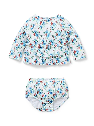 Baby Girl's Floral Ruffle Rashguard Top, Bottoms & Swim Hat Set