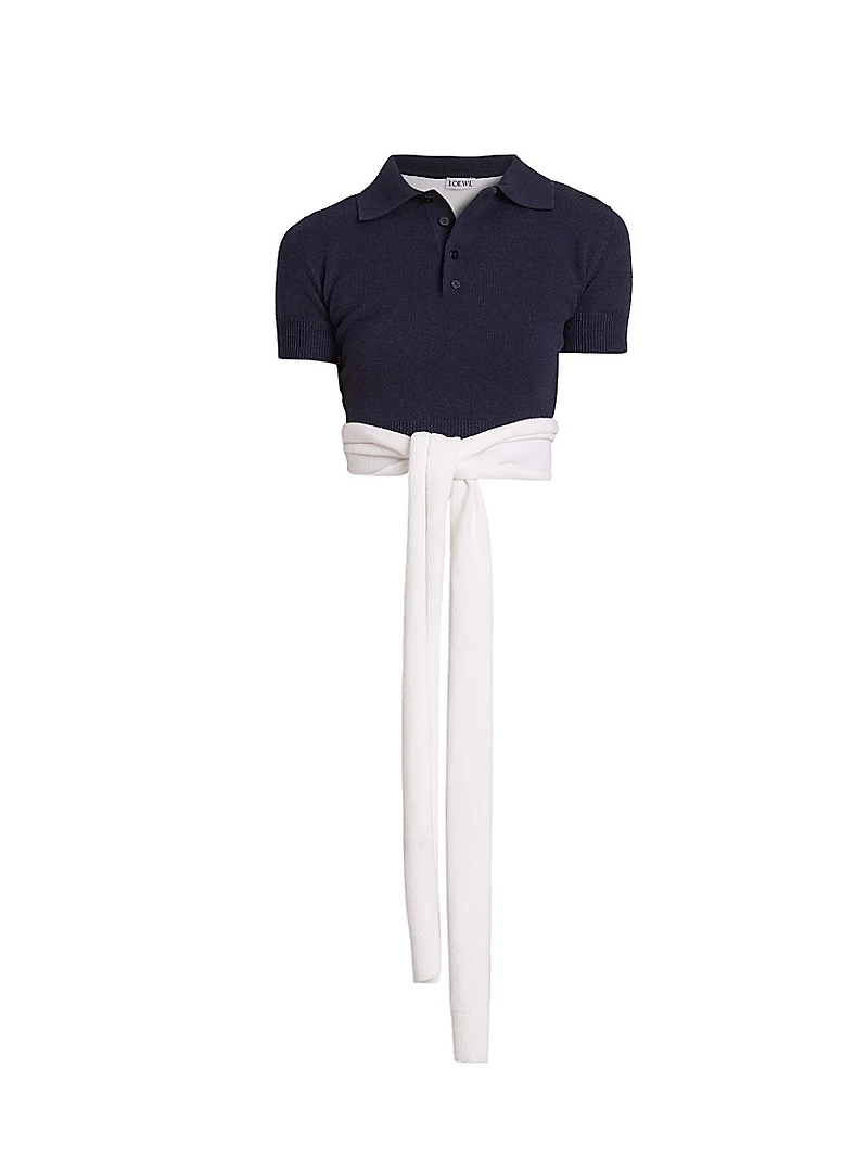 Wool-Blend Wrap Cropped Polo Sweater