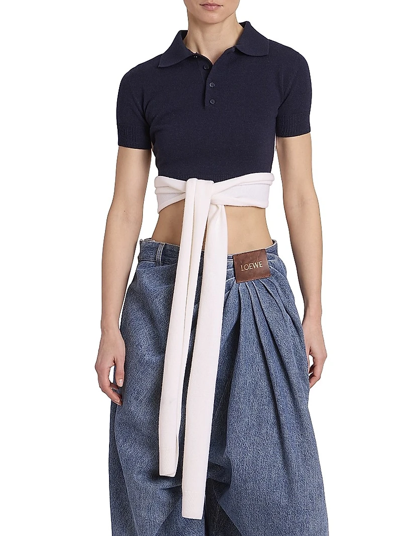 Wool-Blend Wrap Cropped Polo Sweater
