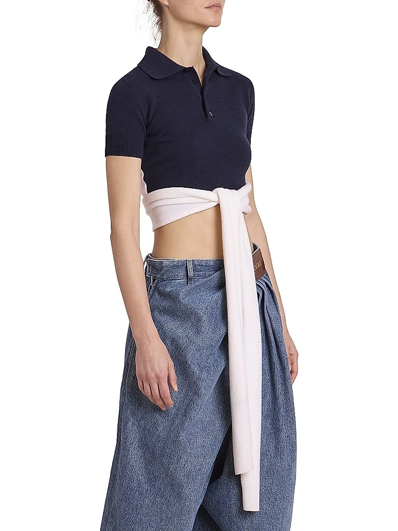 Wool-Blend Wrap Cropped Polo Sweater