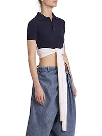Wool-Blend Wrap Cropped Polo Sweater