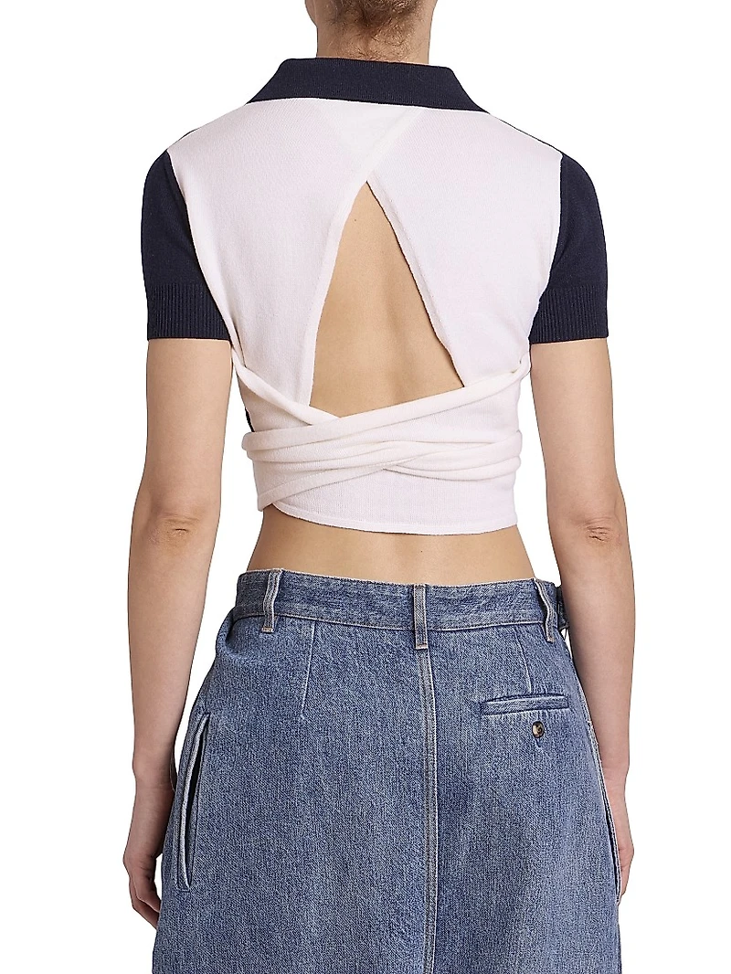 Wool-Blend Wrap Cropped Polo Sweater