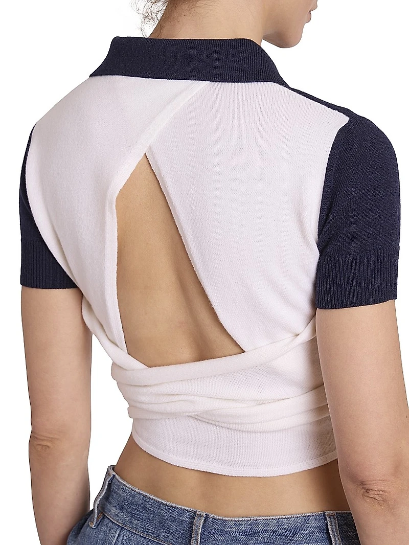 Wool-Blend Wrap Cropped Polo Sweater
