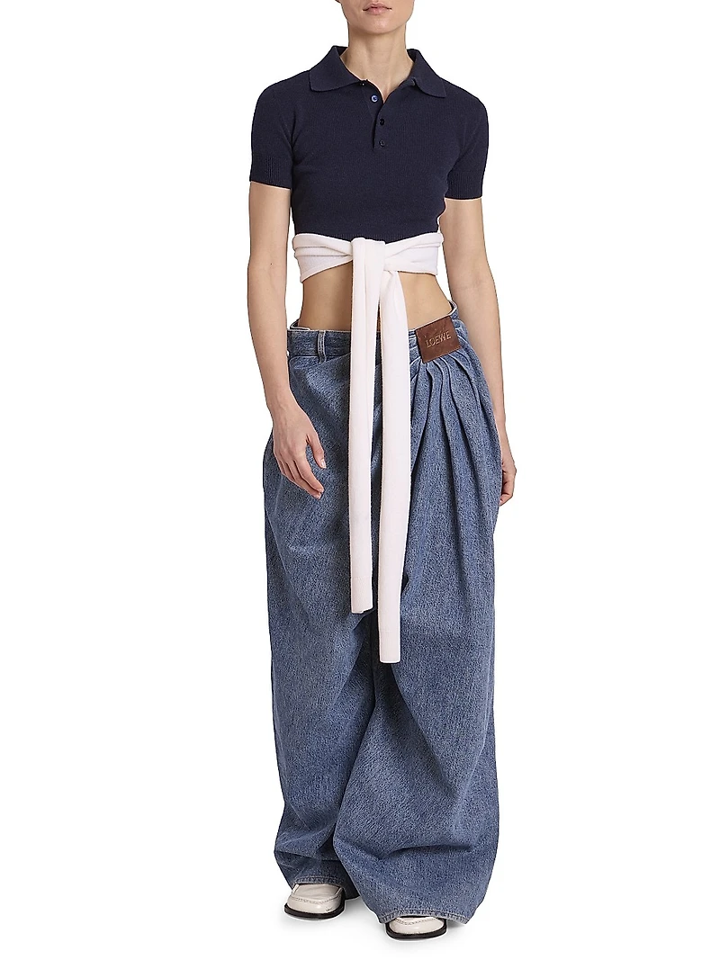 Wool-Blend Wrap Cropped Polo Sweater