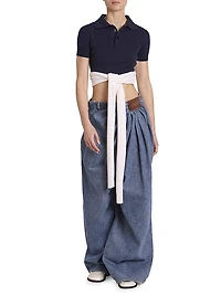 Wool-Blend Wrap Cropped Polo Sweater