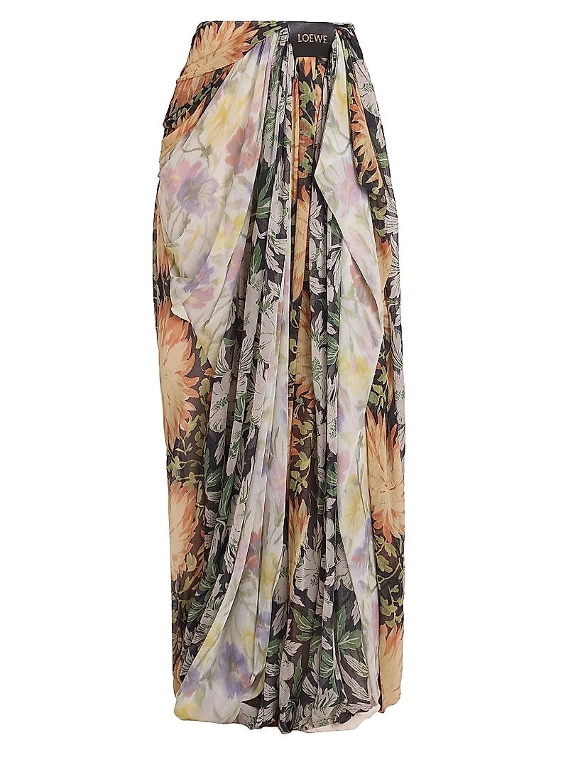 Floral Silk-Blend Draped Wide-Leg Pants