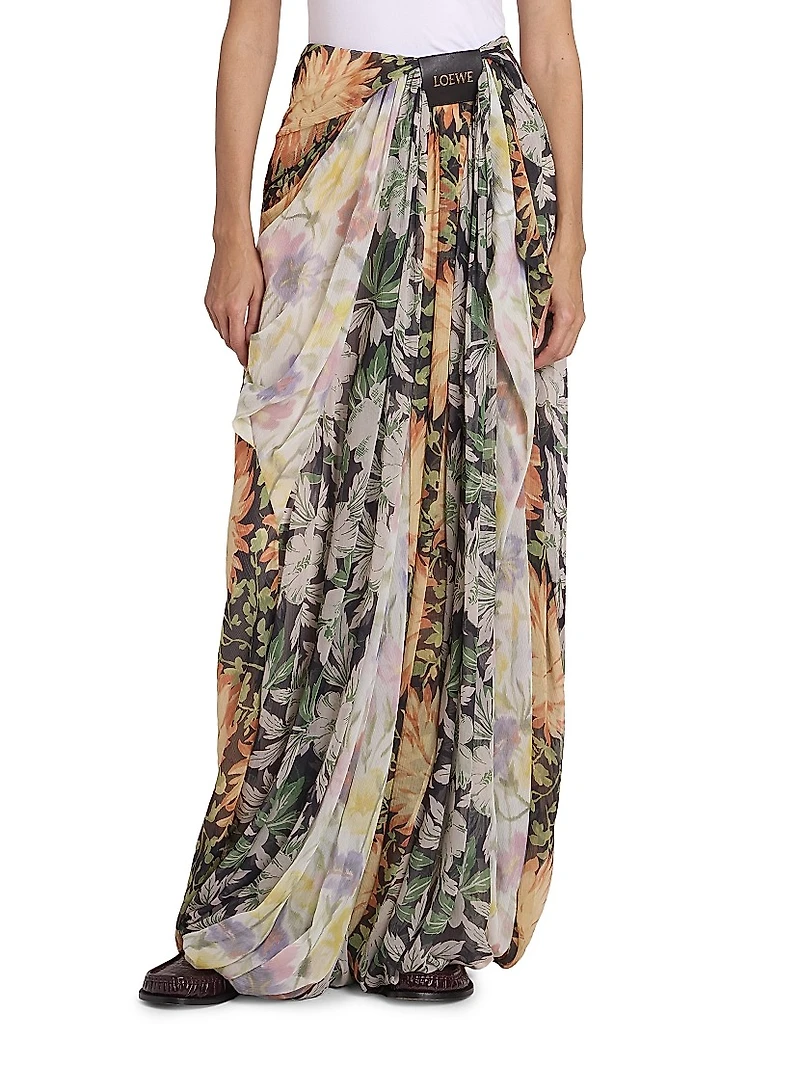 Floral Silk-Blend Draped Wide-Leg Pants