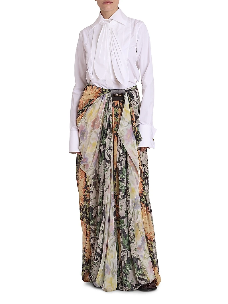 Floral Silk-Blend Draped Wide-Leg Pants