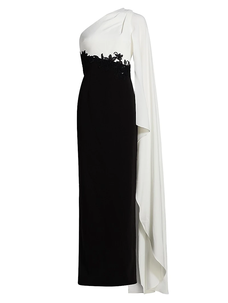One-Shoulder Cape-Sleeve Gown