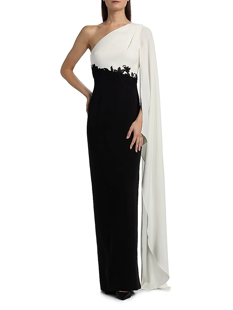 One-Shoulder Cape-Sleeve Gown