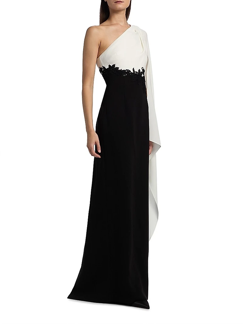 One-Shoulder Cape-Sleeve Gown