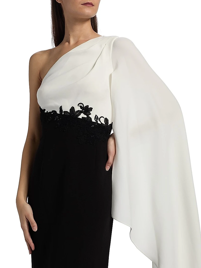 One-Shoulder Cape-Sleeve Gown
