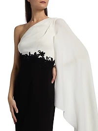 One-Shoulder Cape-Sleeve Gown