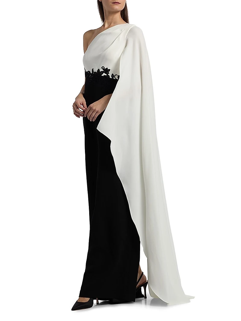 One-Shoulder Cape-Sleeve Gown