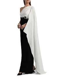 One-Shoulder Cape-Sleeve Gown
